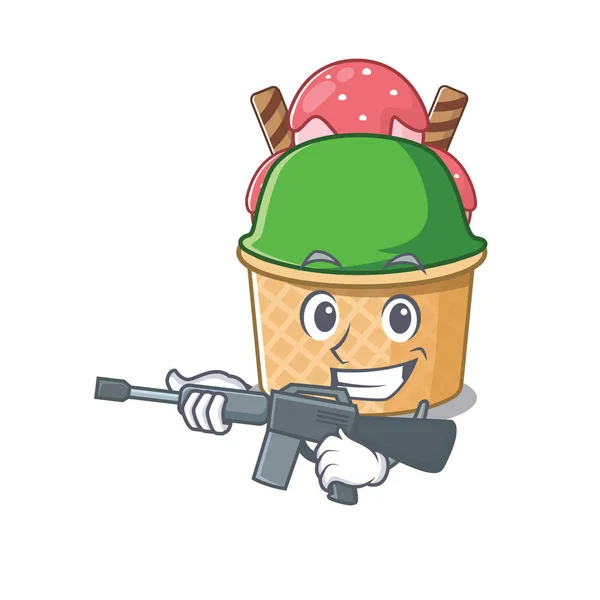 A cartoon design of ice cream sundae Army with machine gun — Stock Vector