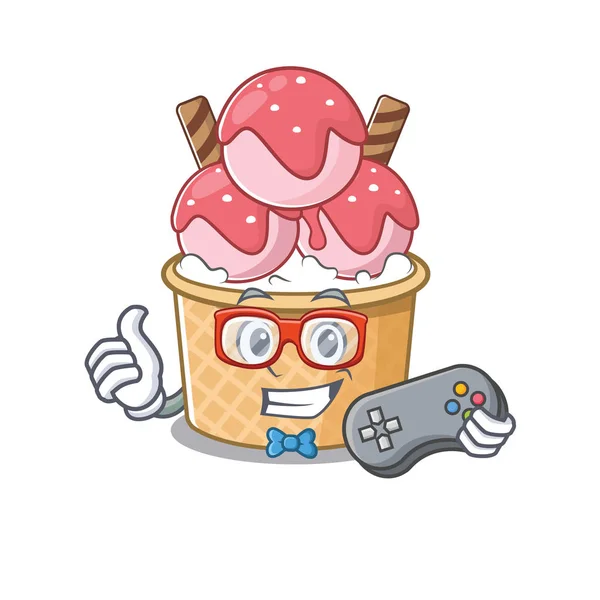Smiley gamer helado helado sundae dibujos animados estilo mascota — Vector de stock