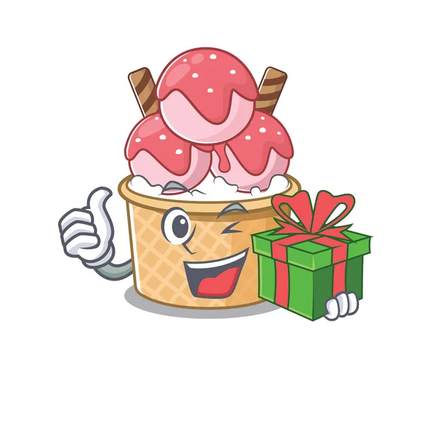 Smiley helado sundae carácter con caja de regalo — Archivo Imágenes Vectoriales