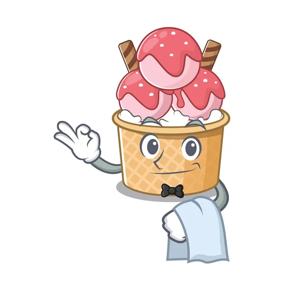 Friendly ice cream sundae Character stand as a Waiter character — Stock Vector