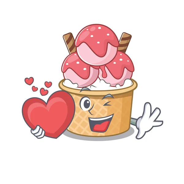 Vtipné Tvář zmrzlina pohár kreslený postava drží srdce — Stockový vektor