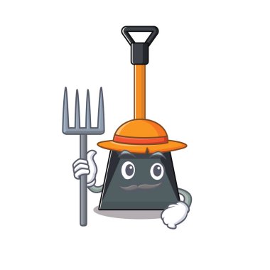 Neşeli Çiftçi kar küreği şapkalı ve aletli karikatür resmi