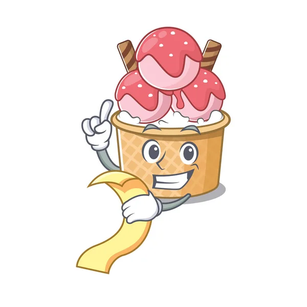 Un personnage de dessin animé drôle de crème glacée sundae avec un menu — Image vectorielle