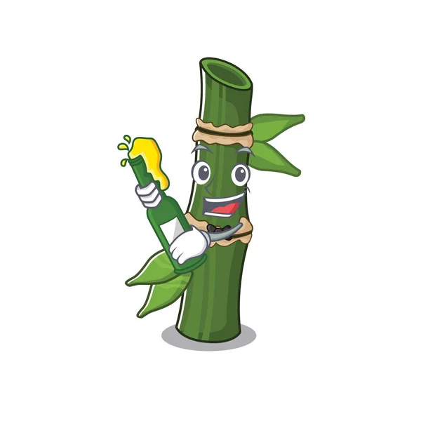 Projekt kreskówki maskotka bambusa z butelką piwa — Wektor stockowy