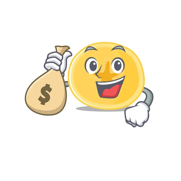 Happy rich banana chips cartoon character with money bag — Stock Vector