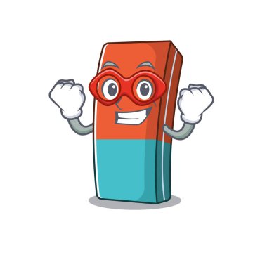 Süper kahraman gibi giyinmiş bir silgi maskotu.