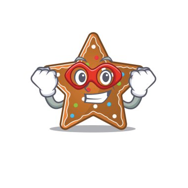 Süper kahraman gibi giyinmiş zencefilli kurabiye yıldızının gülen maskotu.