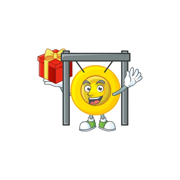 Happy face chinese gong cartoon character having a box of gift — Stock Vector
