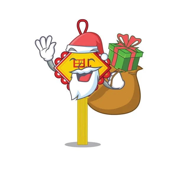 Santa chinois noeud dessin animé personnage design ayant boîte de cadeau — Image vectorielle