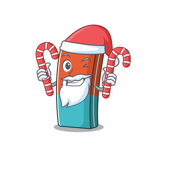 Radiergummi-Cartoon-Figur im Weihnachtsmann-Kostüm mit Süßigkeiten — Stockvektor