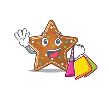 Mutlu bir zencefilli kurabiye yıldızı el sallıyor ve alışveriş torbası tutuyor.