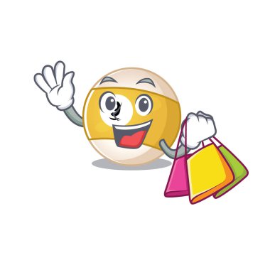 Mutlu ve zengin bir bilardo topu el sallıyor ve alışveriş torbası tutuyor.