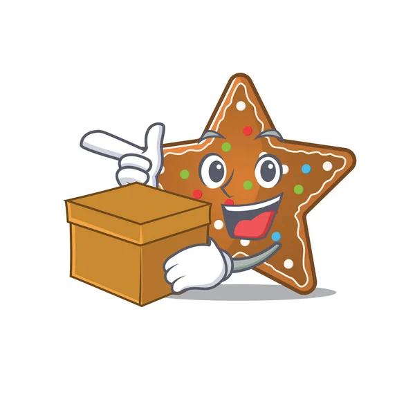 Χαριτωμένο gingerbread αστέρι καρτούν χαρακτήρα έχοντας ένα κουτί — Διανυσματικό Αρχείο