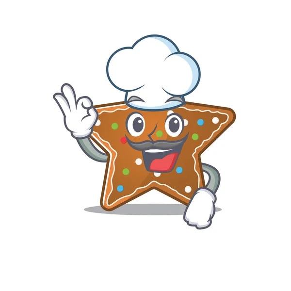Gingerbread αστέρι καρτούν χαρακτήρα φορώντας κοστούμι του σεφ και λευκό καπέλο — Διανυσματικό Αρχείο