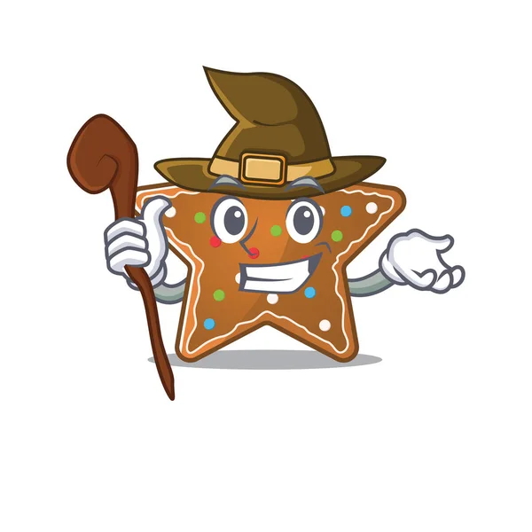 Mascotte de dessin animé style de pain d'épice étoile habillée en sorcière — Image vectorielle