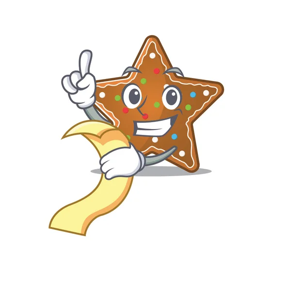 Ένα αστείο χαρακτήρα κινουμένων σχεδίων του αστέρι μελόψωμο με ένα μενού — Διανυσματικό Αρχείο