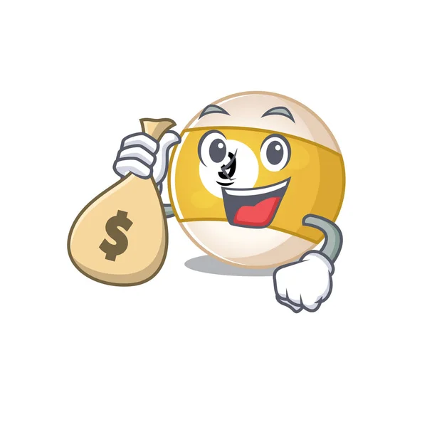 Happy riche personnage de dessin animé boule de billard avec sac d'argent — Image vectorielle