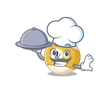 bilardo topunun karikatür dizaynı tepside yemek yiyen bir şef gibi.