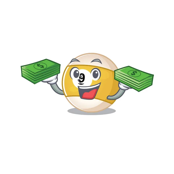 Šťastný bohatý kulečníkový míč postava s penězi na rukou — Stockový vektor