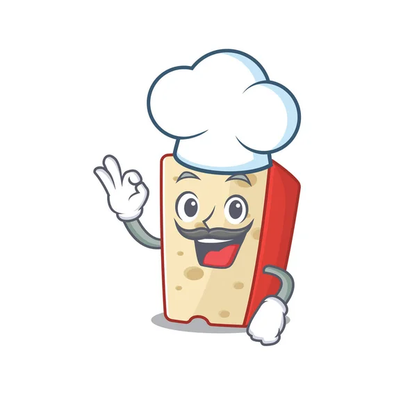 Personagem de desenho animado de queijo holandês vestindo traje de chef e chapéu branco — Vetor de Stock