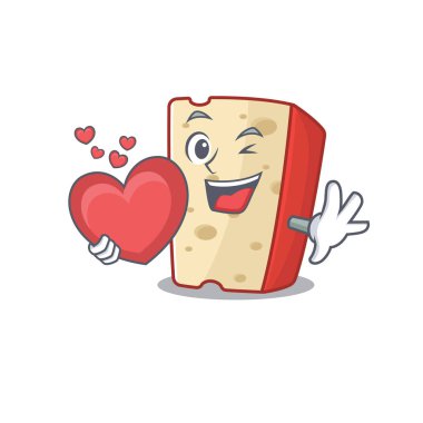 Komik suratlı Hollanda peyniri karikatür karakteri kalp taşıyor.