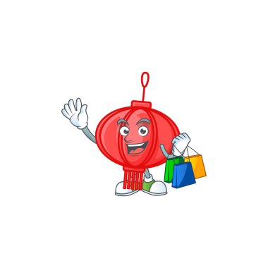 Mutlu, zengin bir Çin Lampionu el sallıyor ve alışveriş torbasını tutuyor.