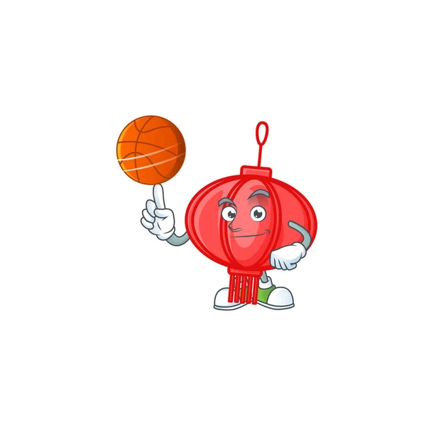 Ένας υγιής κινεζικός χαρακτήρας κινουμένων σχεδίων Lampion παίζει μπάσκετ — Διανυσματικό Αρχείο