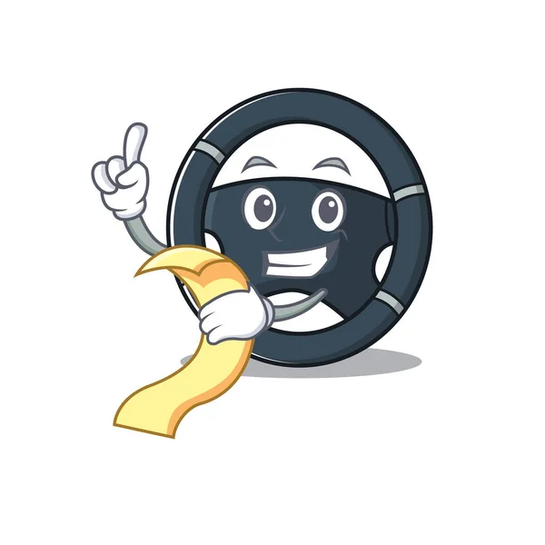 Un divertido personaje de dibujos animados de la dirección del coche con un menú — Vector de stock