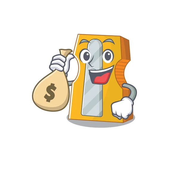 Szczęśliwy bogaty temperówka kreskówka postać z workiem pieniędzy — Wektor stockowy