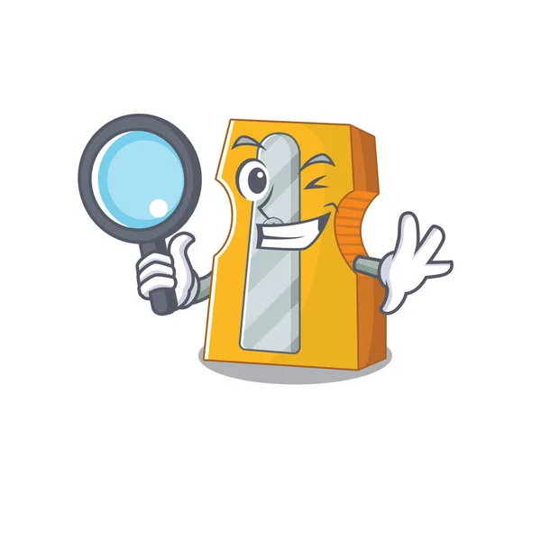 Cool and Smart pencil sharpener Detective cartoon mascot style — 스톡 벡터