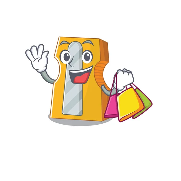 幸せな豊かな鉛筆シャープナー手と保持ショッピングバッグ — ストックベクタ
