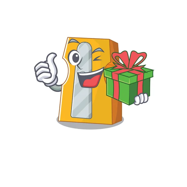 Smiley sacapuntas carácter con caja de regalo — Vector de stock
