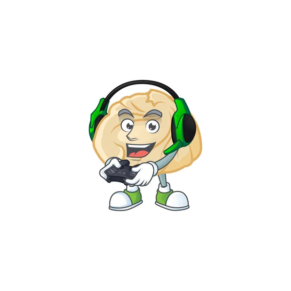 Mascote de desenho animado bolinho fresco com fone de ouvido e controlador —  Vetores de Stock