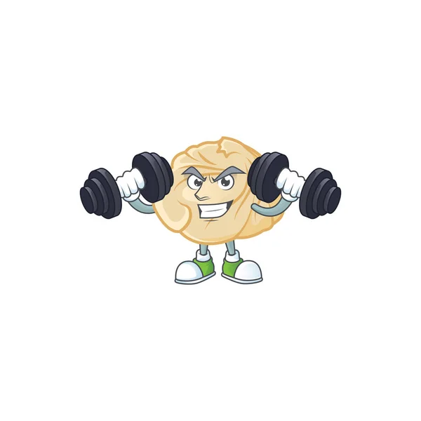 Fitness exercise dumpling mascot icon with barbells — Stock Vector