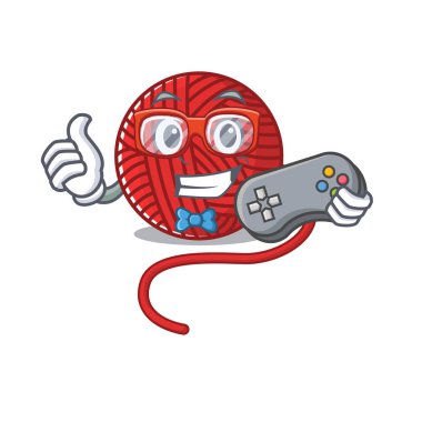 Gülen oyuncu kırmızı yün iplik çizgi film maskotu tarzı