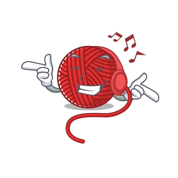 Écouter de la musique fil de laine rouge mascotte dessin animé personnage design — Image vectorielle