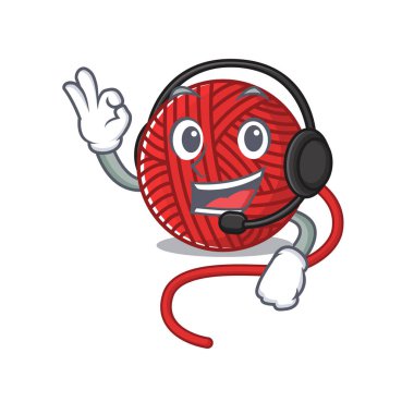 Gülen kırmızı yün iplik çizgi film karakteri tasarımı kulaklık takıyor