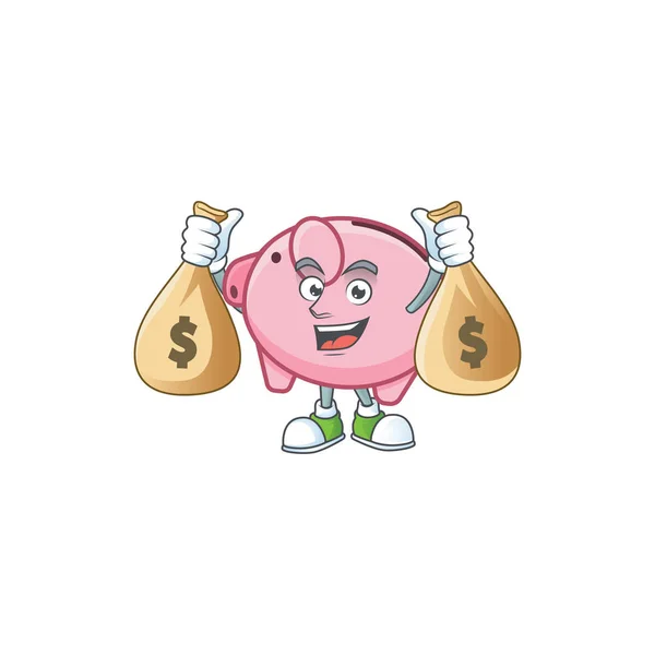 Uma imagem do rico personagem dos desenhos animados do banco porquinho com dois sacos de dinheiro — Vetor de Stock