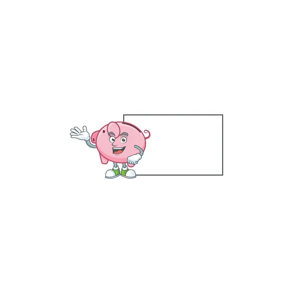 Smiley spaarvarken bank met whiteboard cartoon karakter ontwerp — Stockvector