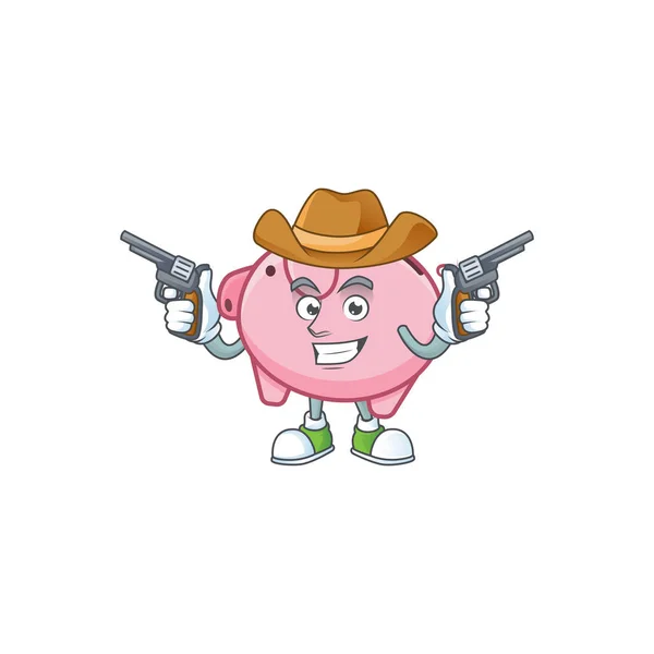 Confident piggy bank Cowboy cartoon character holding guns — 스톡 벡터