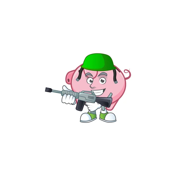 Caráter de caixa de banco piggy em um uniforme do exército com metralhadora —  Vetores de Stock