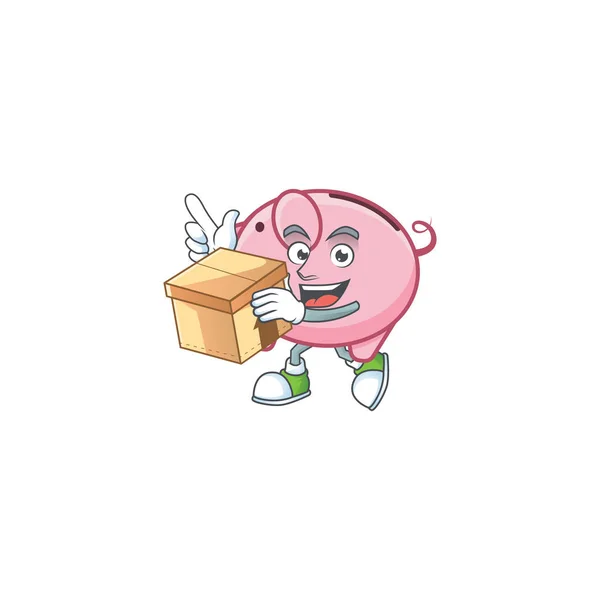 Schattig spaarvarken bank cartoon karakter met een doos — Stockvector