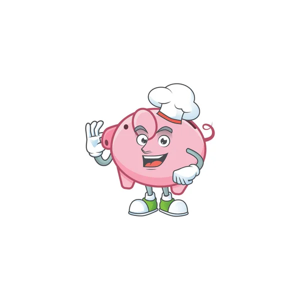 Piggy Bank personnage de dessin animé portant le costume de chef et chapeau blanc — Image vectorielle