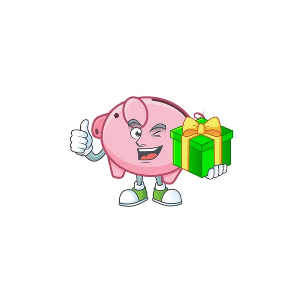 Smiley piggy karakter bank dengan kotak hadiah - Stok Vektor