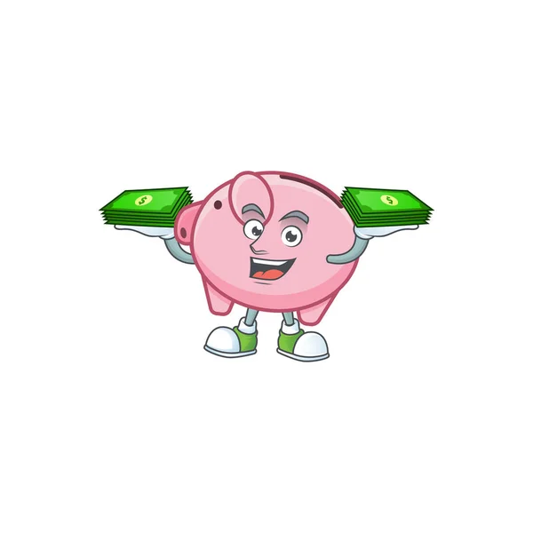 Счастливый богатый свинья-банковский персонаж с деньгами на руках — стоковый вектор