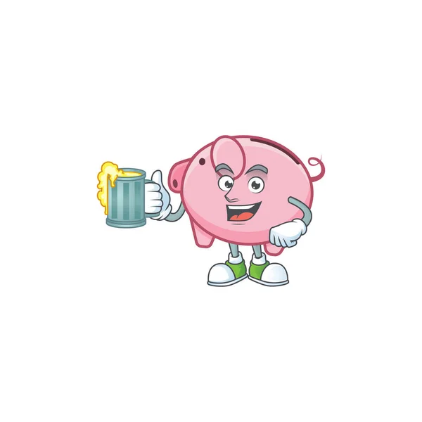 Happy piggy bank mascotte ontwerp met een groot glas — Stockvector