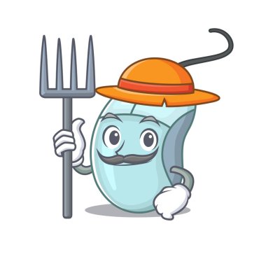 Neşeli Çiftçi bilgisayar faresi şapkalı ve aletli karikatür resmi