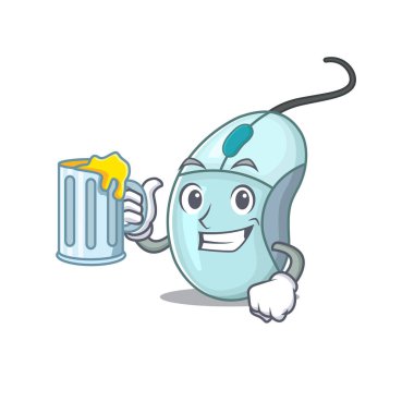 Büyük bardaklı mutlu bilgisayar faresi maskotu tasarımı