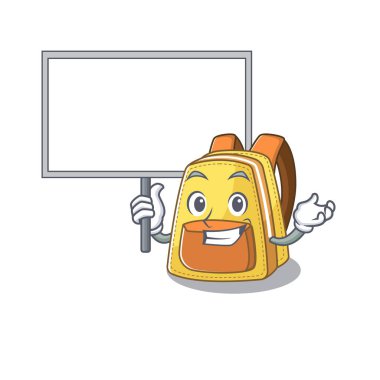 Çocukların okul çantasının şirin bir resmi. Sevimli bir çizgi film karakteri bir tahta getiriyor.