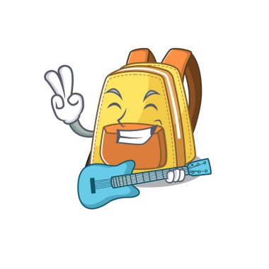A mascot of kids school backpack performance with guitar